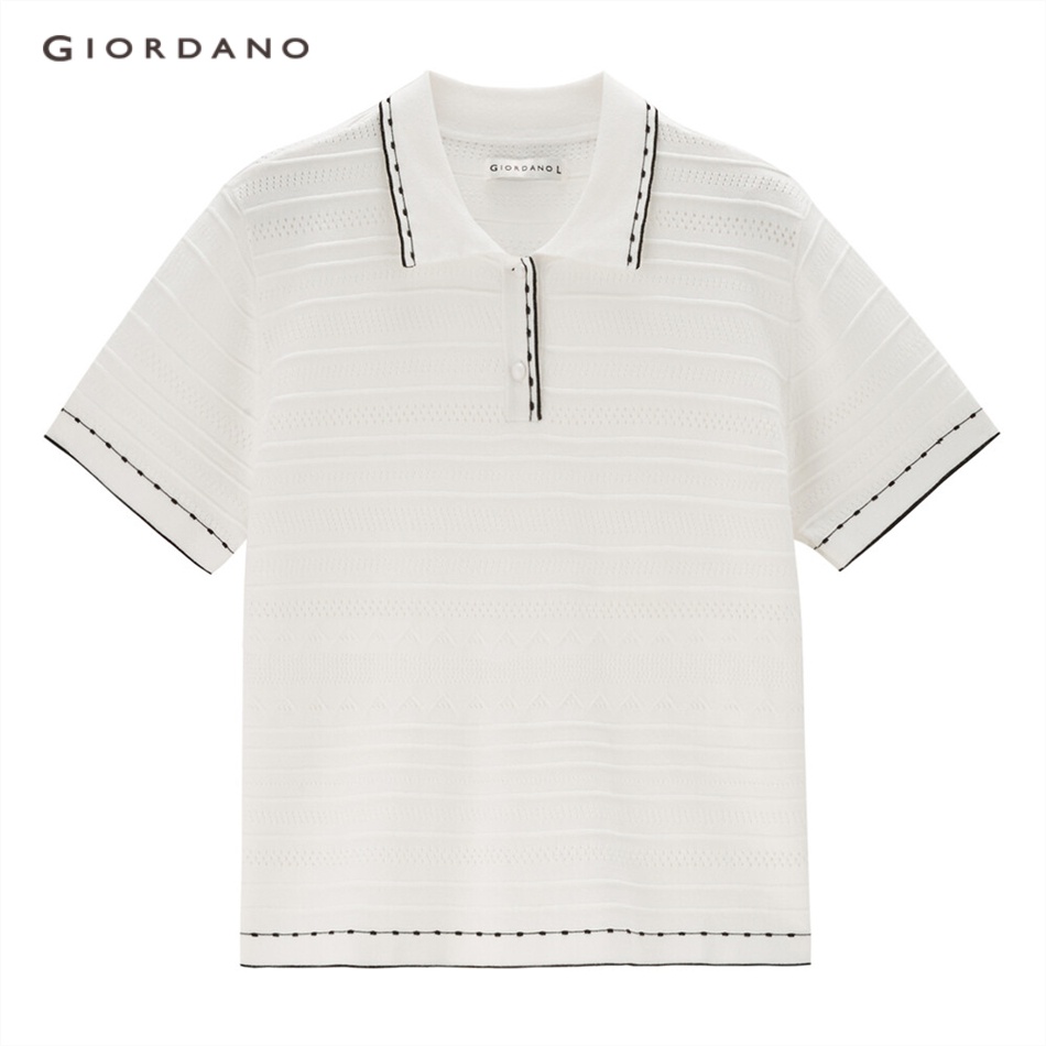 Áo sweater polo GIORDANO 18353907 thiết kế rỗng màu sắc tương phản thời trang cho nữ