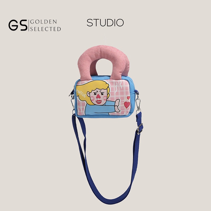 Túi Đeo Chéo Vải Canvas Dáng Vuông Nhỏ Phối Màu Tương Phản Dễ Thương Cho Bạn Gái