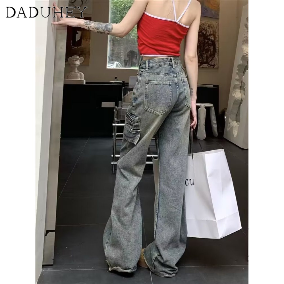 Quần jean dài DADUHEY size lớn ống rộng thoải mái cạp cao vải giặt retro thời trang kiểu Mỹ cho nữ