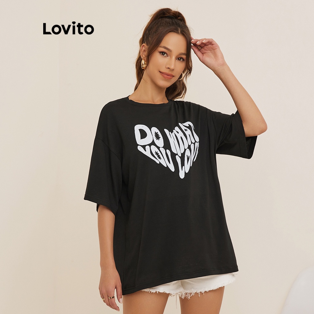 Áo thun Lovito thời trang họa tiết in đồ họa chữ cái giản đơn L19D171 (đen)