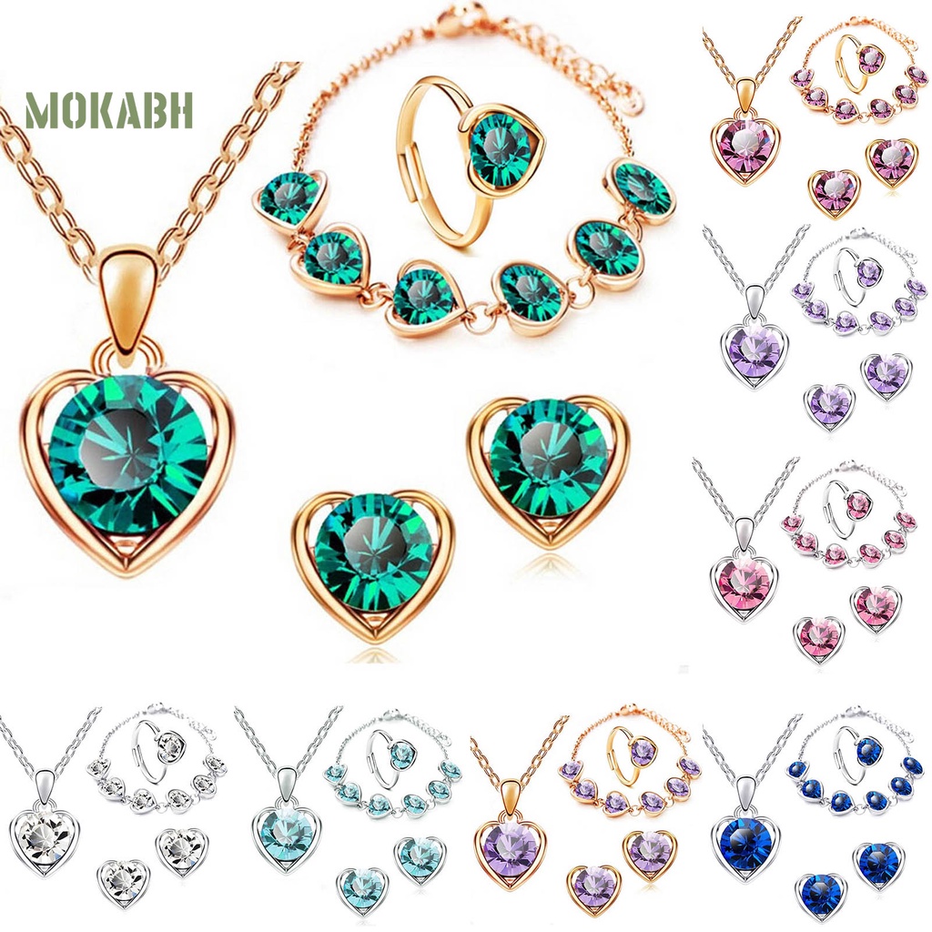 Set 4 Vòng cổ / Nhẫn / Khuyên Tai / Vòng Tay Hình Trái Tim Đính Đá Lấp Lánh Dễ Điều Chỉnh