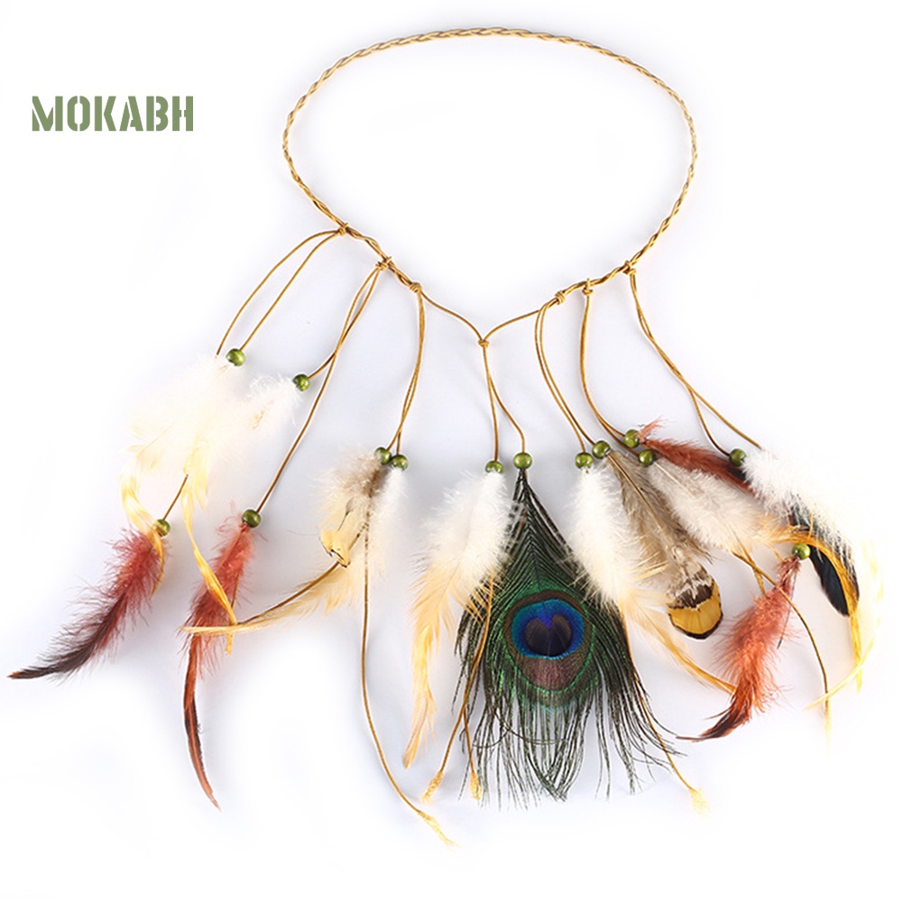 Băng Đô Bện Dây Đính Lông Công Phong Cách Bohemian Cho Nữ