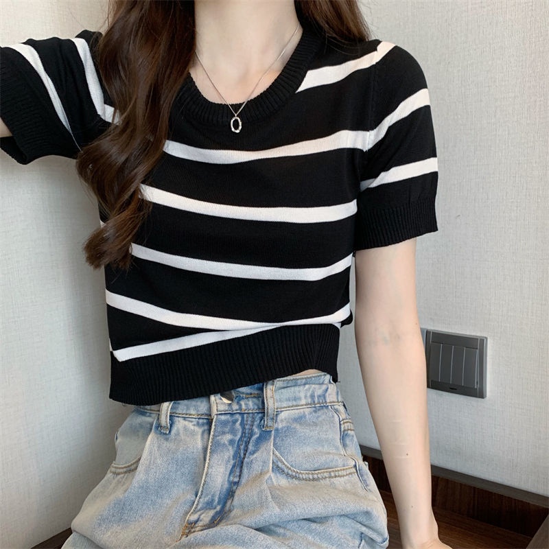 COZOK Áo Thun Dệt Kim Mỏng Tay Ngắn Cổ Tròn Kẻ Sọc Thời Trang Hàn Quốc
