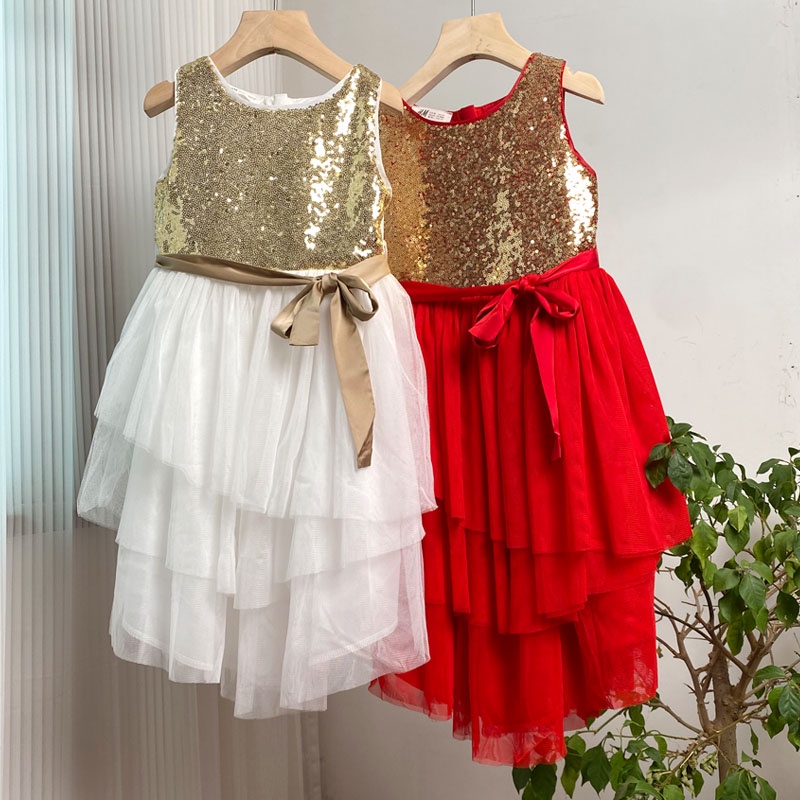 Đầm voan tầng sequin ngực kèm belt