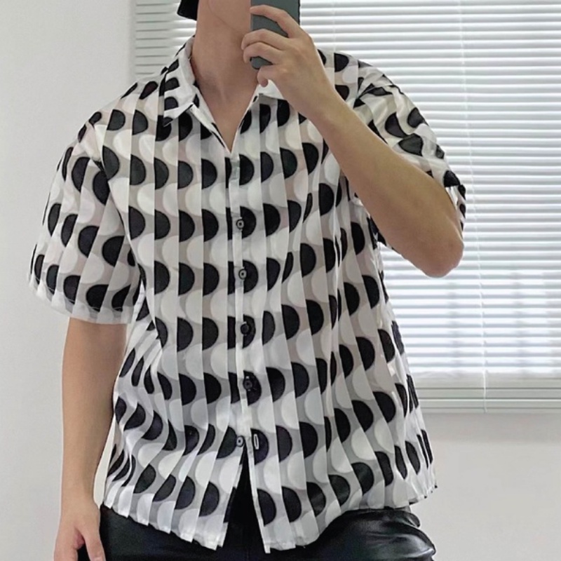 Áo Sơ Mi Ngắn Vải Jacquard Bán Trong Suốt In Họa Tiết Màu Sắc Tương Phản Thời Trang Mùa Hè Cho Nam Và Nữ