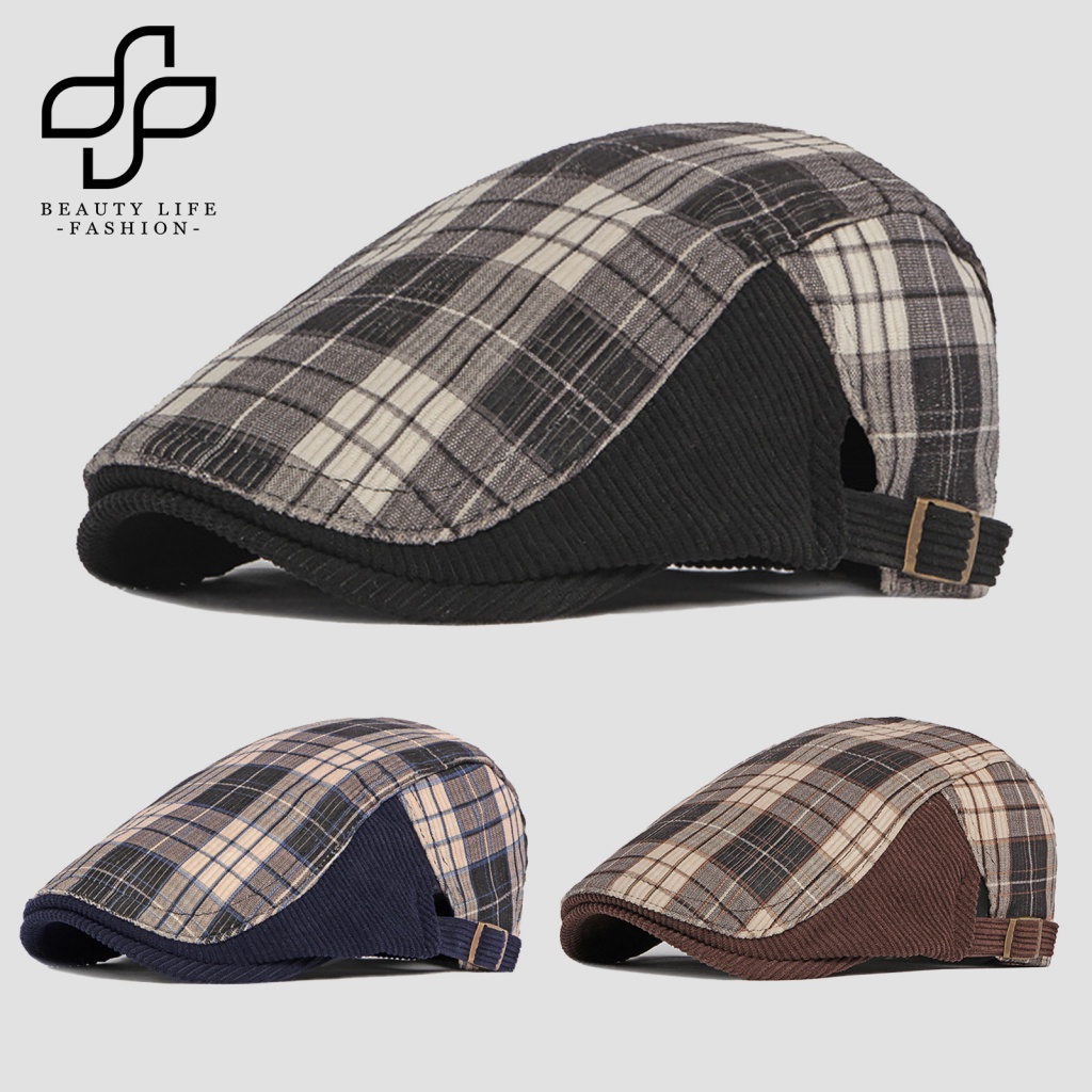 Beautylifefashion Mũ Beret Lưỡi Trai Phẳng In Họa Tiết Kẻ Sọc Chắp Vá Màu Có Khóa Điều Chỉnh Được