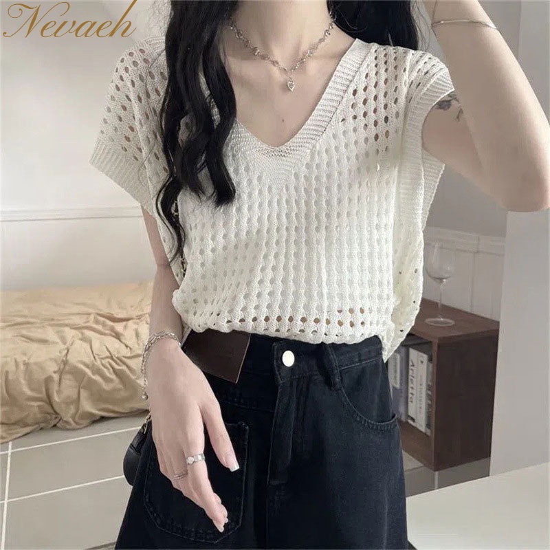 Áo Dệt Kim Mỏng Dáng Rộng Cổ Chữ V Thời Trang Mùa Hè Cho Nữ