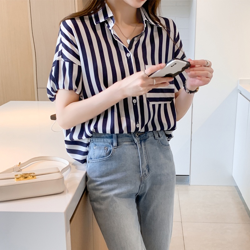 Áo Sơ Mi Chiffon Tay Ngắn Kẻ Sọc Dáng Rộng Phong Cách Phương Tây Thời Trang Mùa Hè Cho Nữ Thẻ