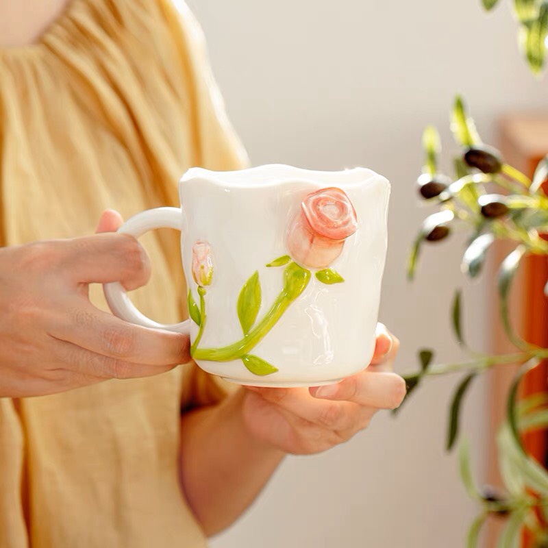 (CÓ SẴN) Cốc, ly sứ uống trà, cafe hình hoa hồng da chiều, thiết kế độc đáo