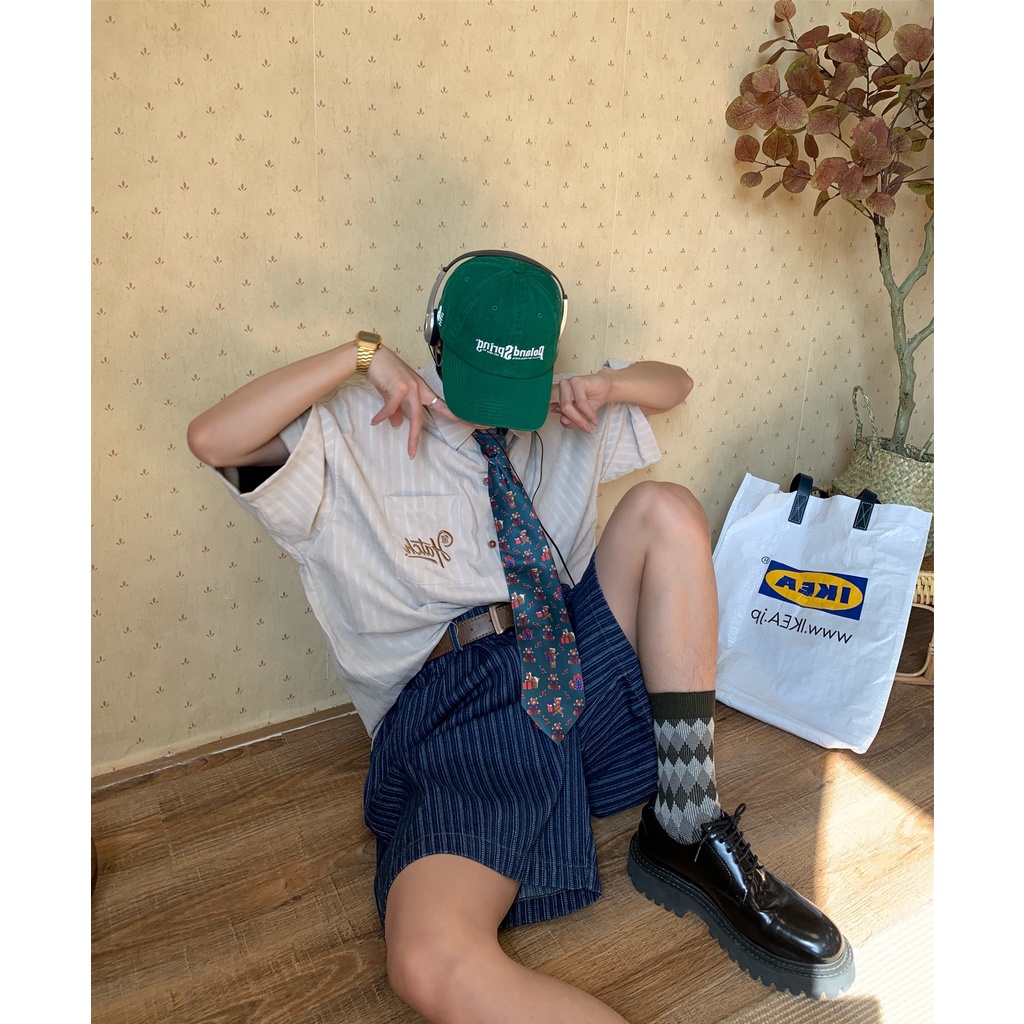 Áo Sơ Mi Ngắn Tay Kẻ Sọc Dọc Phong Cách Hong Kong Cổ Điển Thời Trang Mùa Hè C2 Homemade /