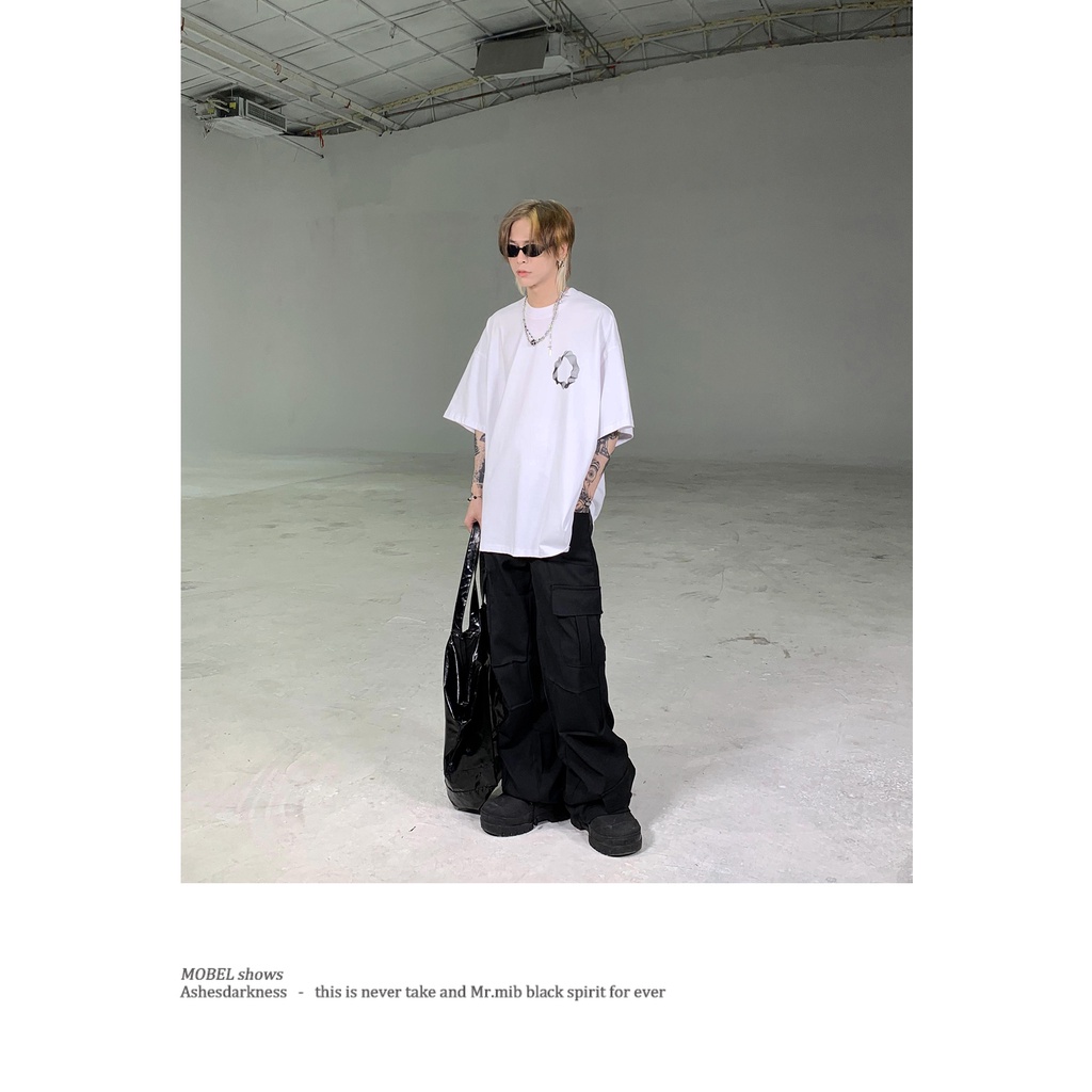 Ông Mr. Mr. Áo Thun Đen Tay Ngắn Dáng Rộng In Họa Tiết Hình Học Đường Phố Mùa Hè