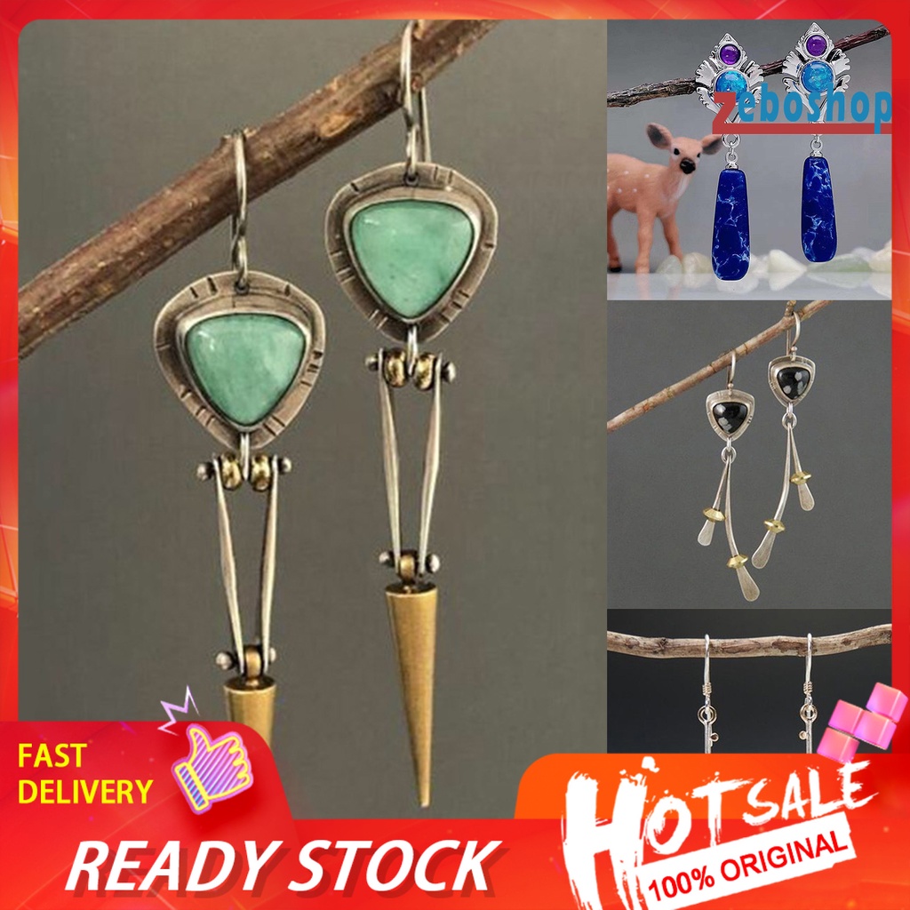 1 Đôi Khuyên Tai Dạng Móc Đính Đá Chạm Khắc Phong Cách Dân Tộc Cổ Điển