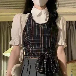 Áo Sơ Mi Ngắn Tay Họa Tiết Ca Rô Kèm Áo Hai Dây Phong Cách Hàn Quốc Dành Cho Nữ