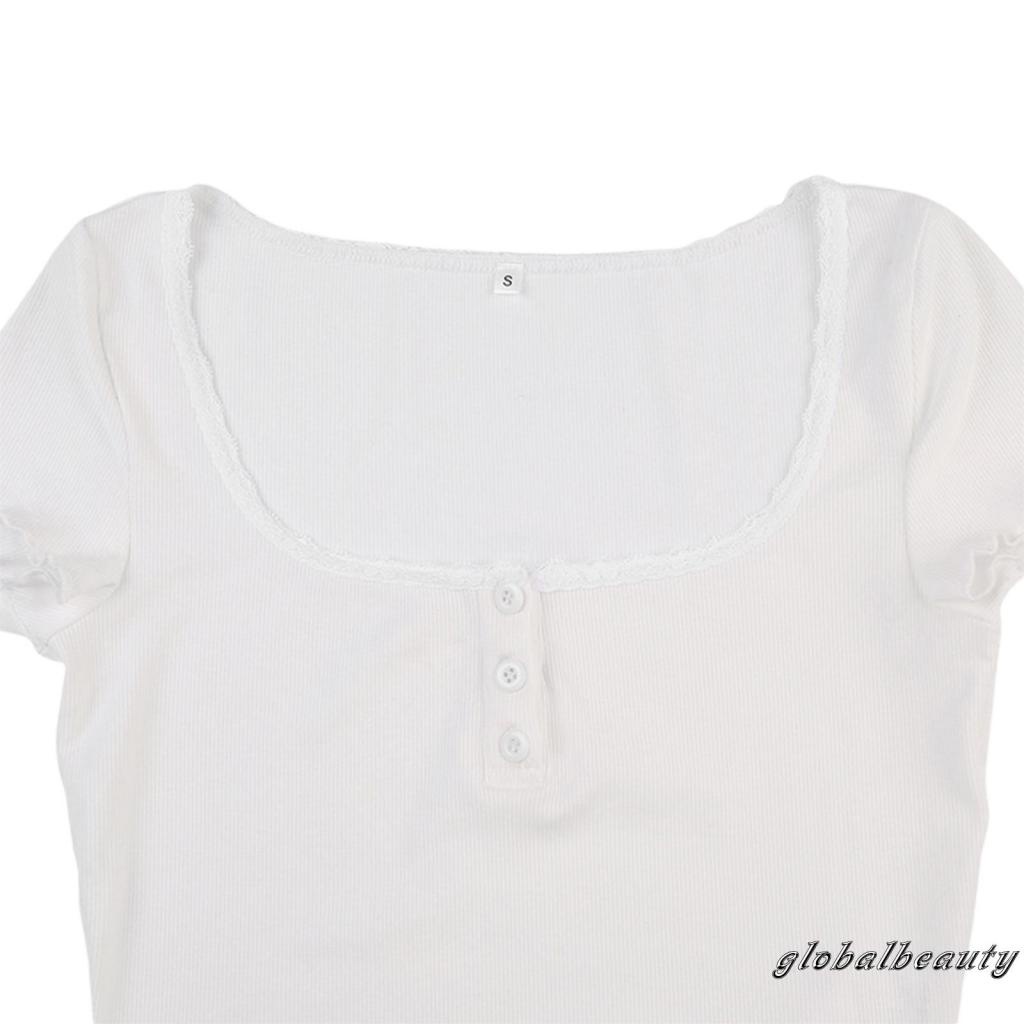 Áo Croptop Dệt Kim Ngắn Tay Cổ Vuông Phối Nút Phong Cách Đường Phố