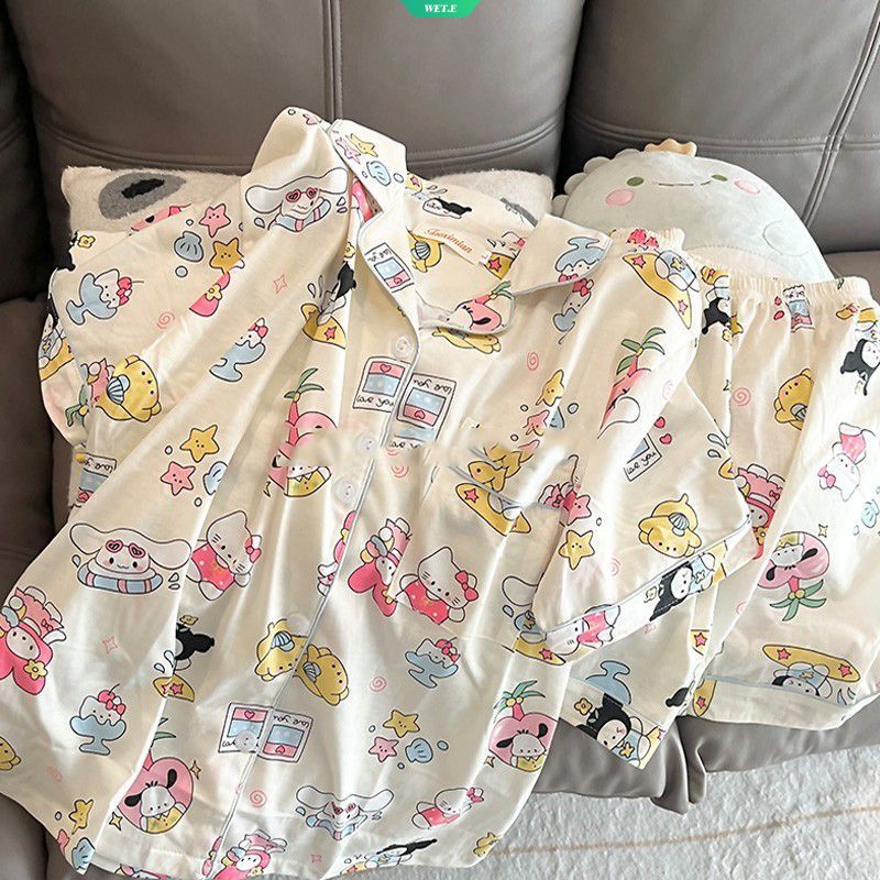 SANRIO Bộ Đồ Ngủ Ngắn Tay Họa Tiết Hoạt Hình Hello Kitty Thời Trang Mùa Hè 2023 Cho Nữ