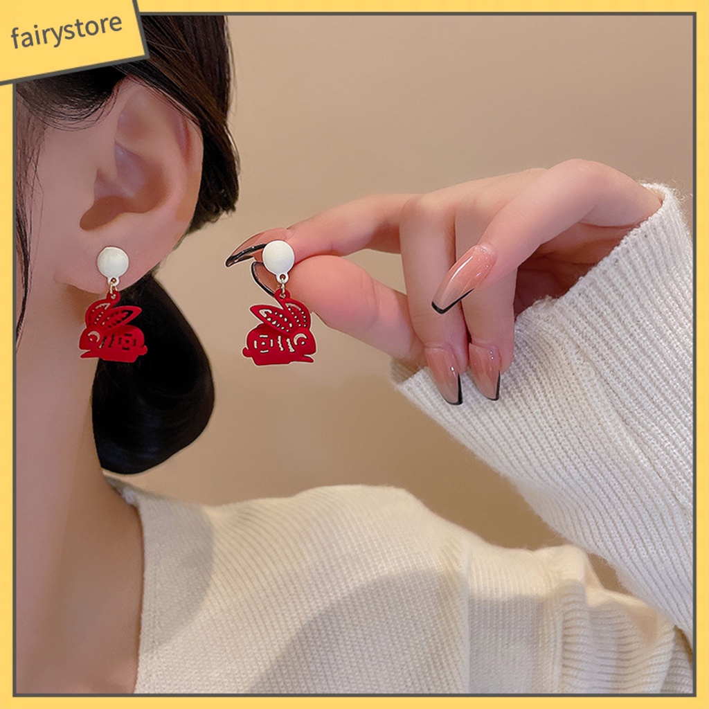 1 Đôi Bông Tai Hình Thỏ Trung Hoa Đính Ngọc Trai Giả Lãng Mạn Phong Cách Vintage