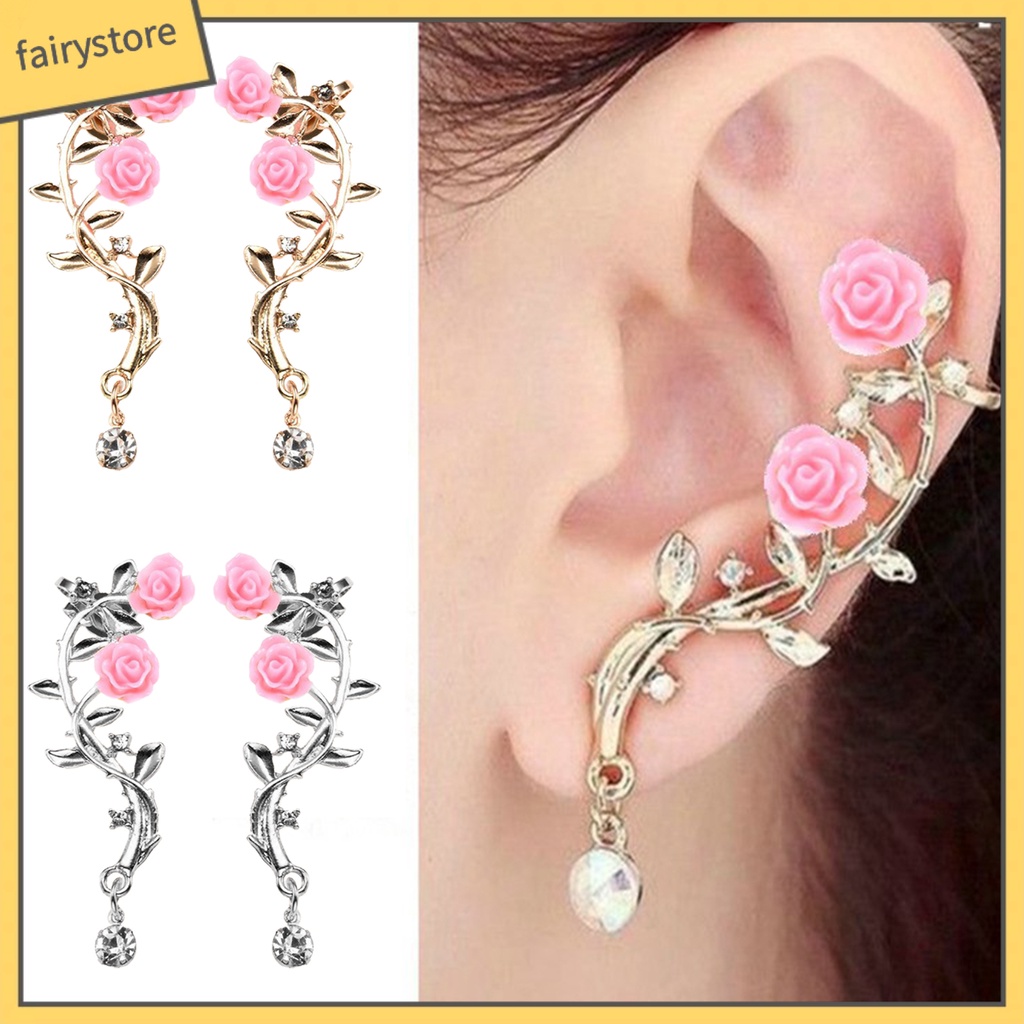 1 Đôi Khuyên Kẹp Vành Tai Hình Hoa Hồng Đính Đá Lấp Lánh