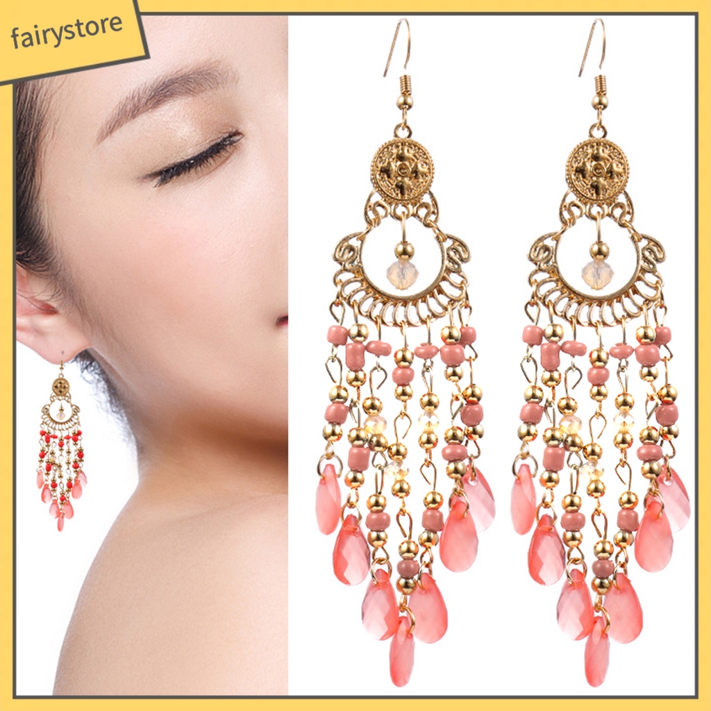 1 Đôi Bông Tai Dáng Dài Đính Hạt Phong Cách Bohemia Thời Trang Cao Cấp