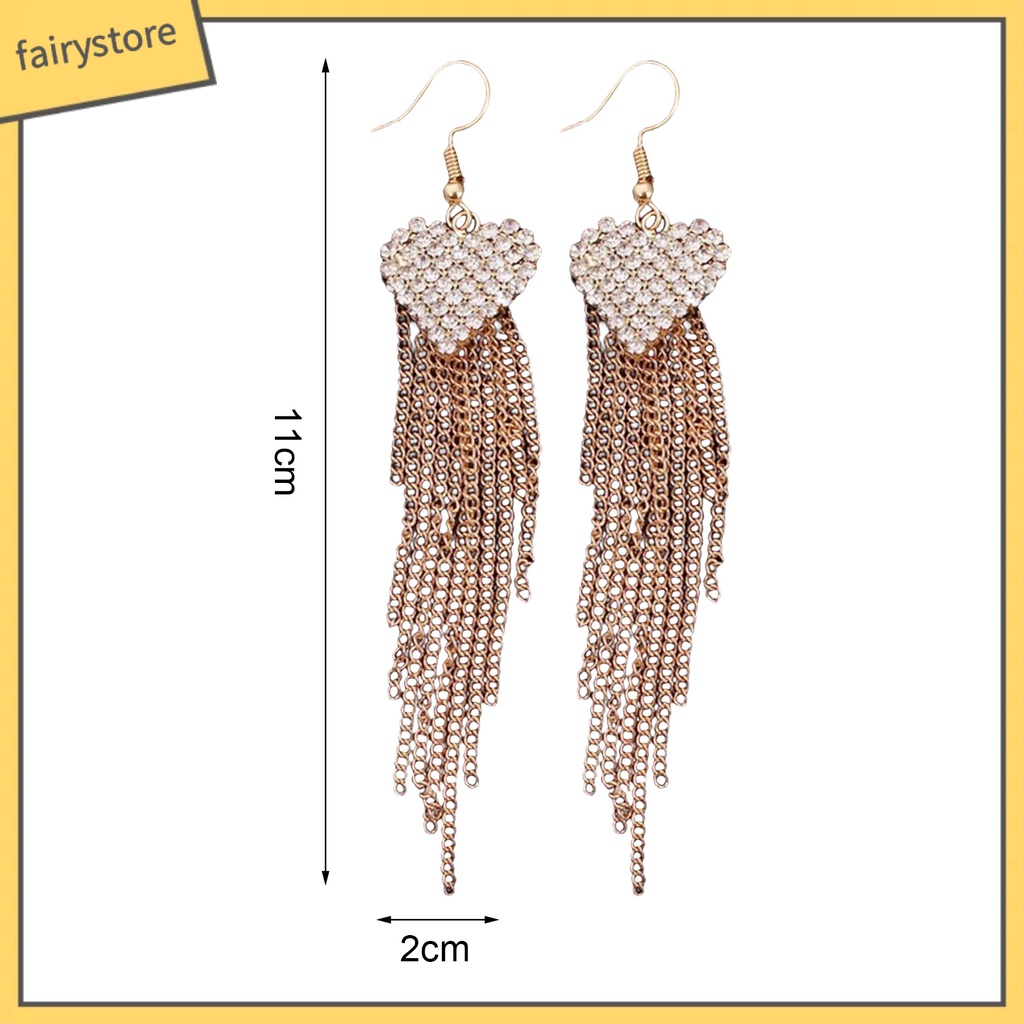 Bông Tai Dài Hình Trái Tim Đính Đá Lấp Lánh Thời Trang Cho Nữ