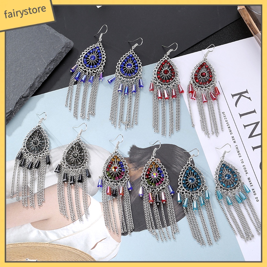 1 Đôi Bông Tai Hình Giọt Nước Đính Đá Phối Tua Rua Phong Cách Vintage