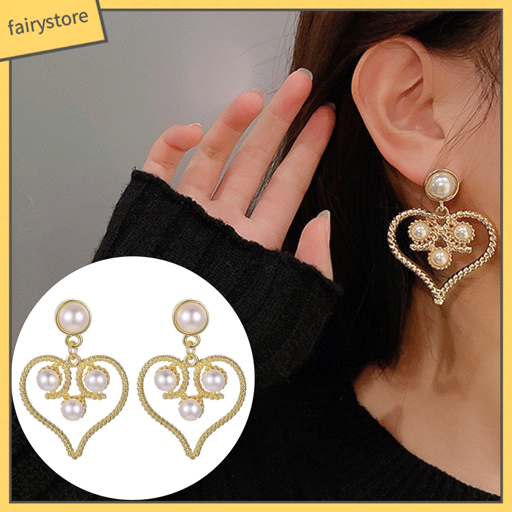 1 Đôi Bông Tai Hình Trái Tim Đính Ngọc Trai Giả Phong Cách Cung Điện