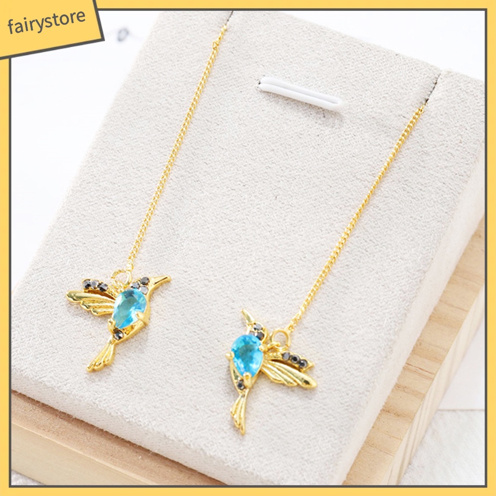 Bông Tai Dáng Dài Hình Chim Ruồi Đính Đá Phối Tua Rua Thời Trang Cho Nữ