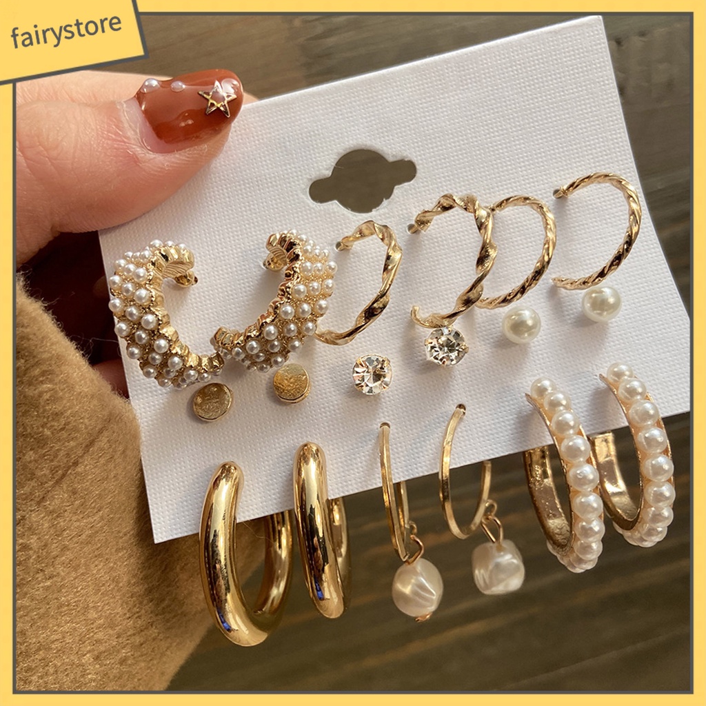 Set 9 Đôi Bông Tai Tròn Đính Đá / Ngọc Trai Giả Thời Trang Cho Nữ