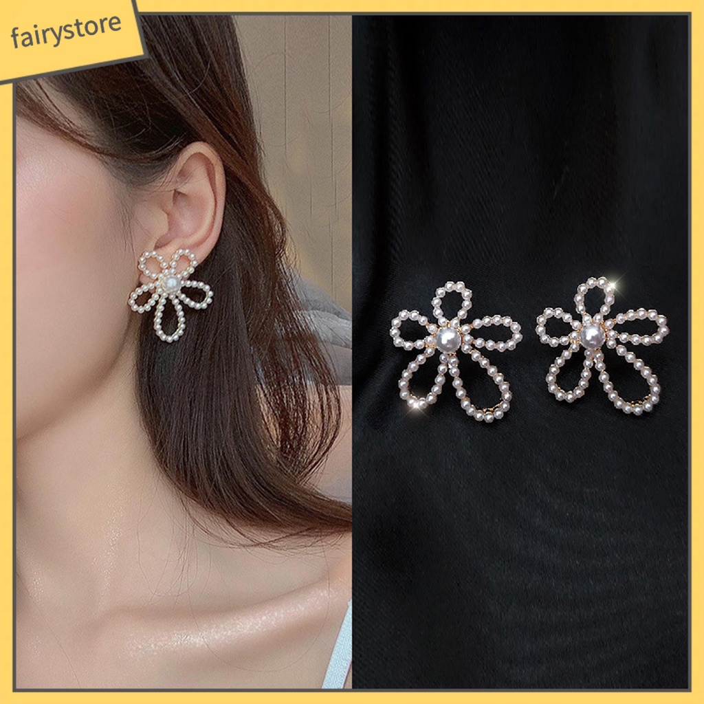 1 Đôi Bông Tai Hình Hoa Đính Ngọc Trai Giả Phong Cách Vintage