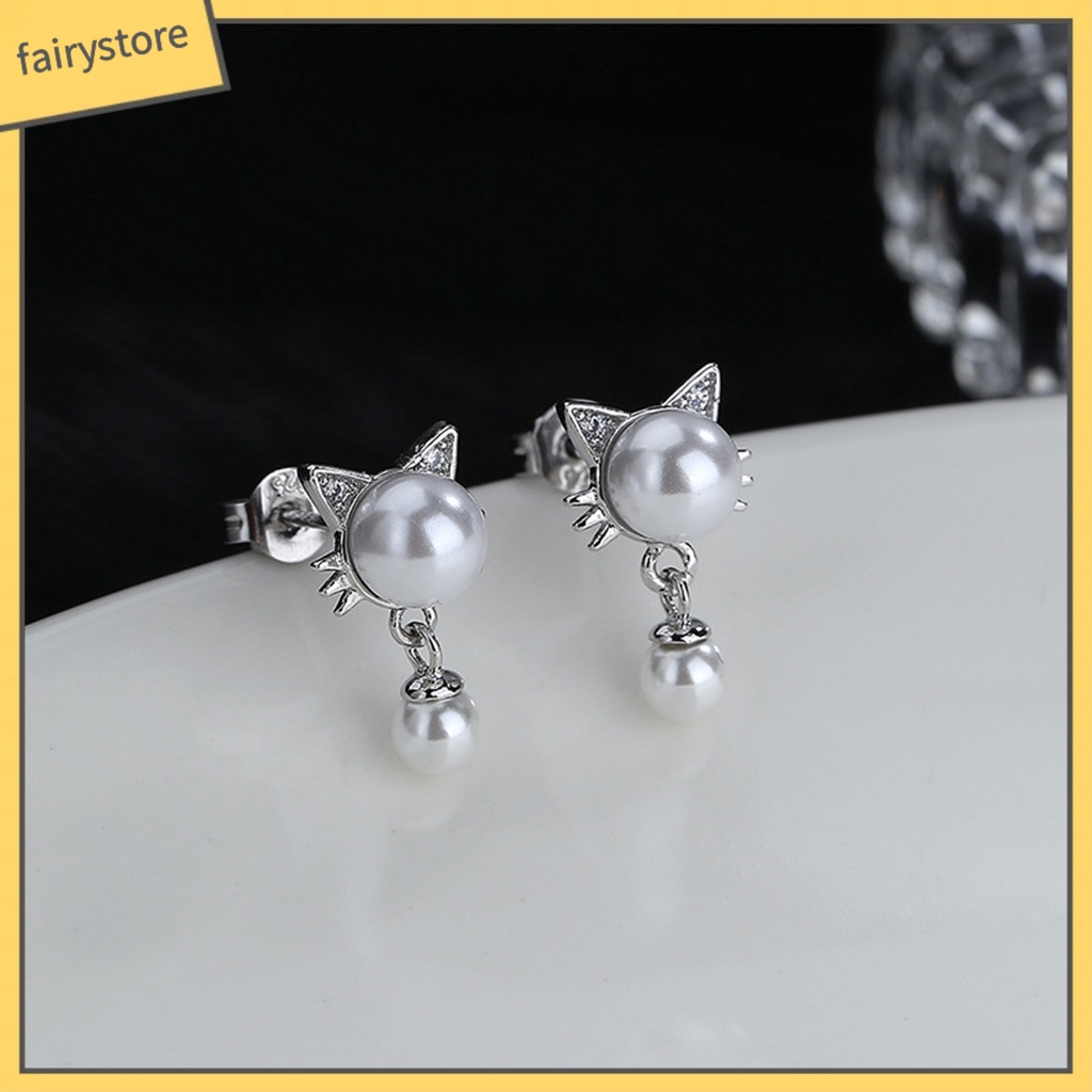 [FRO] 1 Đôi Bông Tai Dạng Treo Hình Mèo Trắng Bắt Mắt Chống Mài Mòn Trang Trí Hạt Charms