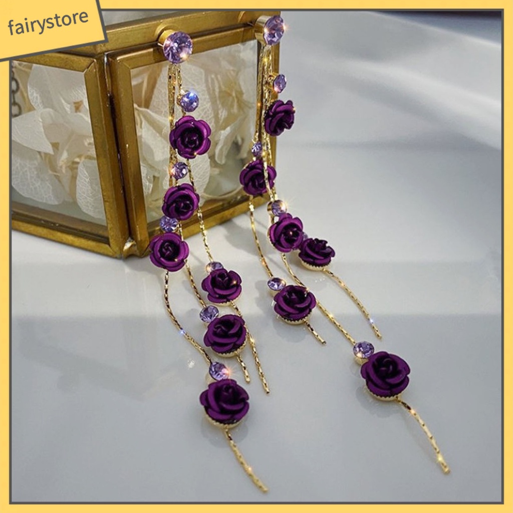 1 Đôi Bông Tai Dài Hình Hoa Hồng Đính Đá Lấp Lánh Dành Cho Nữ