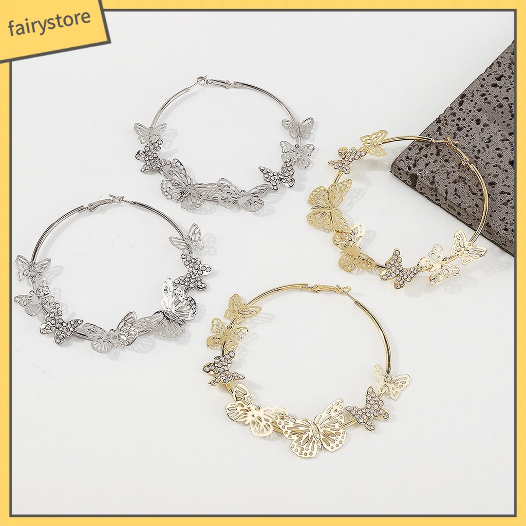 1 Đôi Bông Tai Tròn Đính Đá Hình Bướm 3D Sáng Bóng Phong Cách Vintage Dành Cho Nữ