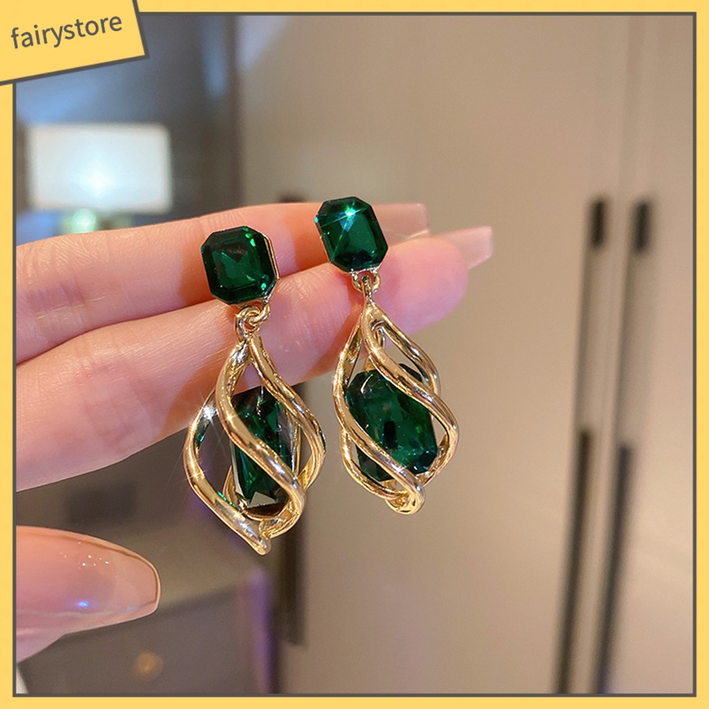 1 Đôi Bông Tai Hình Vuông Đính Đá Ngọc Lục Bảo Nhân Tạo Phong Cách Vintage Thời Trang