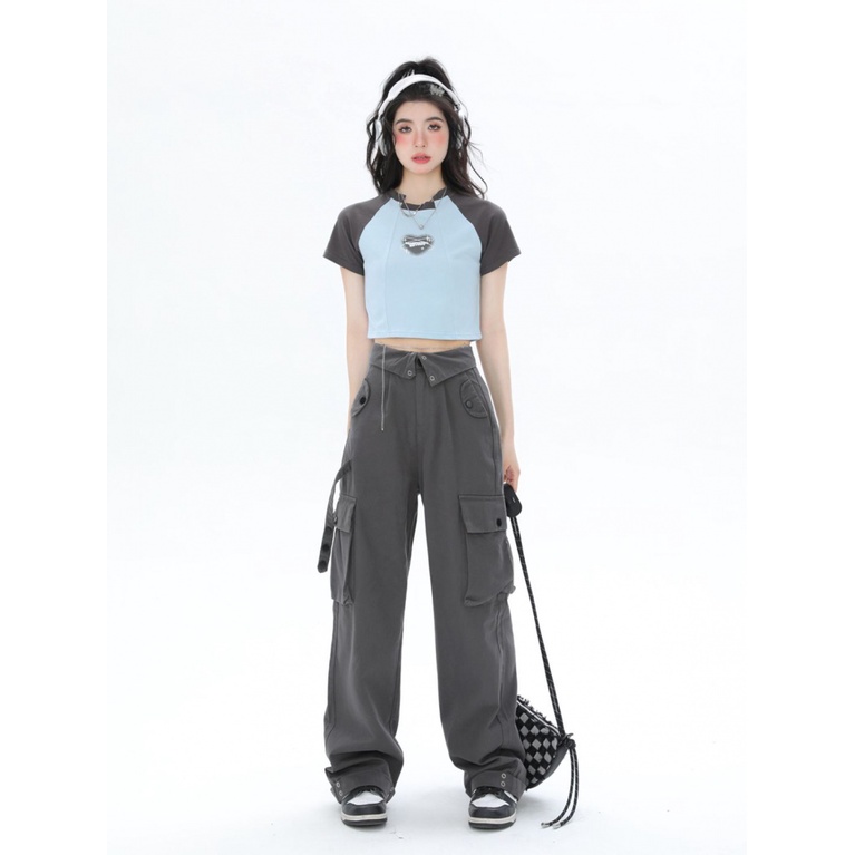 Áo Croptop Tay Ngắn Cổ Tròn Màu Sắc Tương Phản Phong Cách Retro Dành Cho Nữ