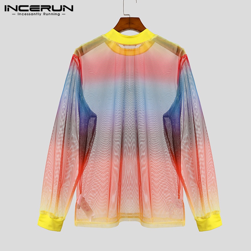 INCERUN Áo Thun Tay Dài Cổ Đứng Nhuộm Màu Phối Lưới Xuyên Thấu Kiểu Vintage Thời Trang Cho Nam