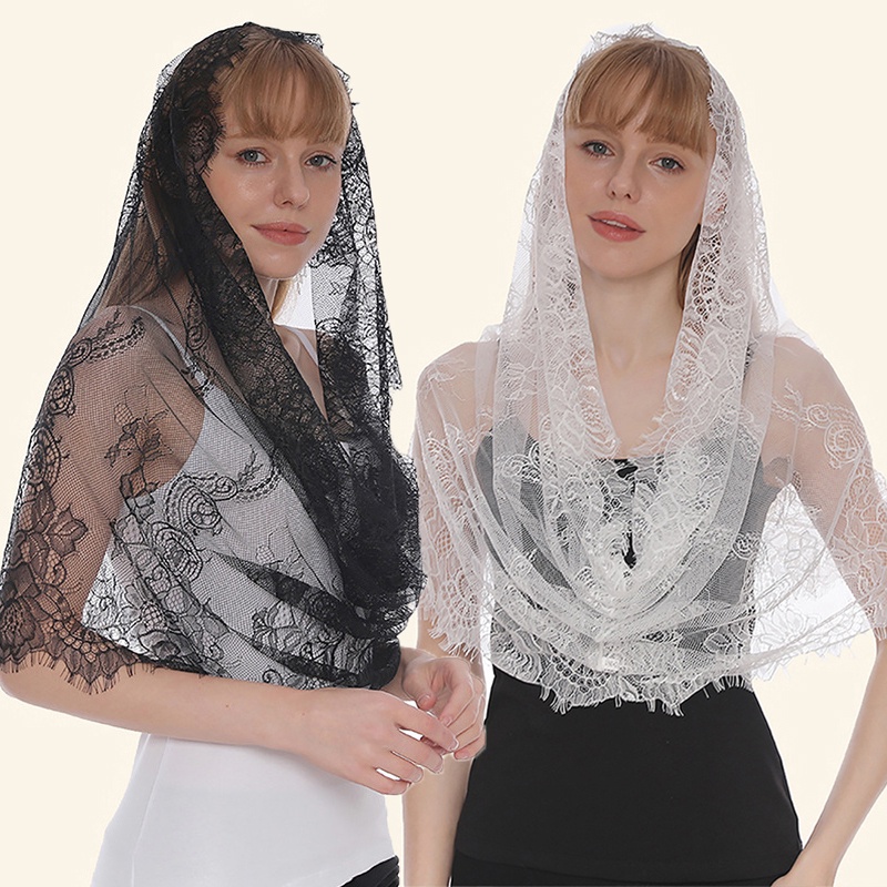 Khăn Choàng Ren Hoa Xuyên Thấu Hình Tròn Bằng Polyester Phối Tua Rua Che Đầu Nhà Thờ Gợi Cảm Handmade DIY