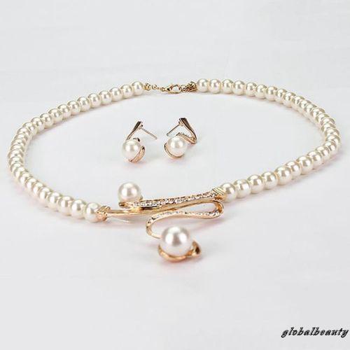 Bộ Vòng cổ + Bông Tai Đính Ngọc Trai Nhân Tạo Kiểu Hở Đính Đá Sang Trọng Cho Nữ