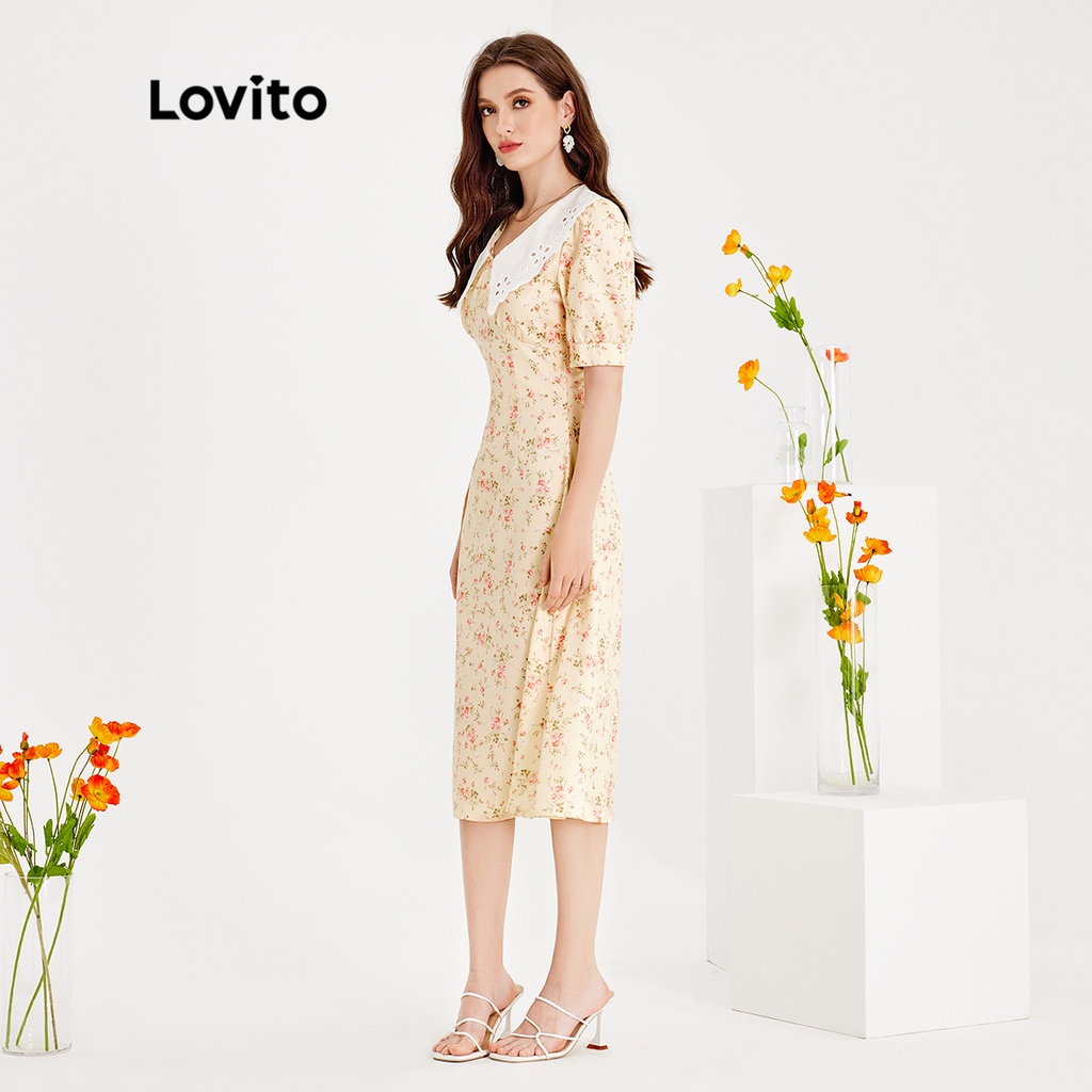 Đầm Lovito tay phồng thêu họa tiết cổ đứng tương phản họa tiết hoa boho cho nữ L51ED133 (màu vàng nhạt)