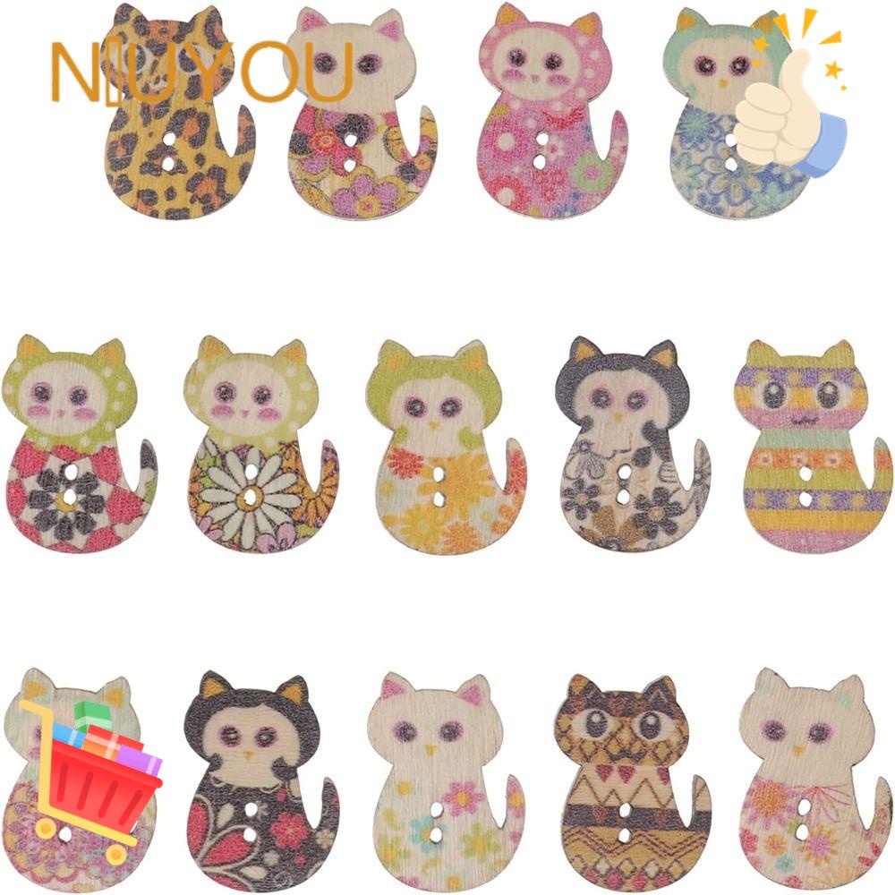 NIUYOU Nút Gỗ 2 Lỗ Chống Thấm Nước Hình Mèo Trang Trí May Vá