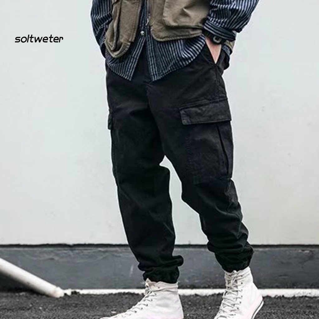 Quần Dài Dáng Suông Nhiều Túi Lưng Thun Dây Rút Màu Trơn Đường Phố Xuân Thu Có Dây Rút Mắt Cá Chân Để Làm Việc