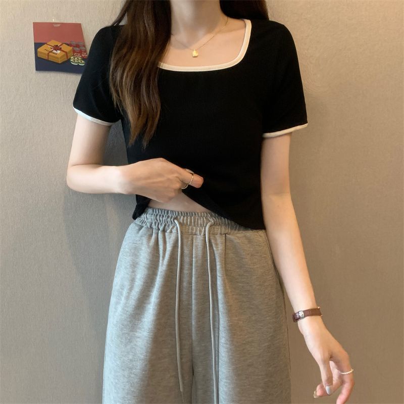 Áo Thun Tay Ngắn Cổ Vuông Hở Xương Quai Xanh Thời Trang Mùa Hè Mới 2023