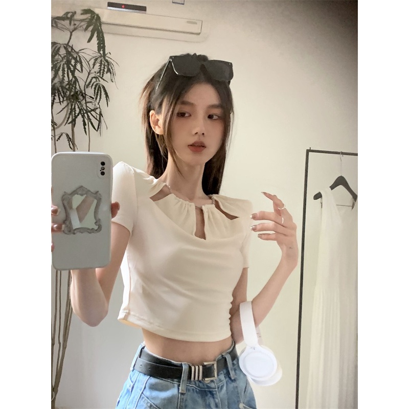 Áo Thun Lửng Tay Ngắn Phối Dây Xích Phong Cách Hàn Quốc Thời Trang Mùa Hè Cho Nữ