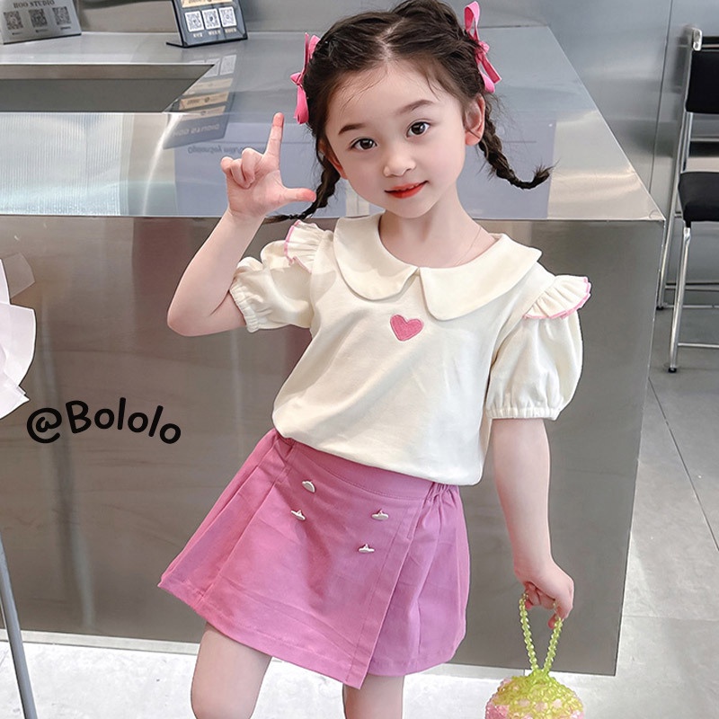 Bololo Bộ Áo Thun Tay Phồng In Hình Trái Tim + Quần short Xếp Ly Thời Trang Mùa Hè Cho Bé Gái