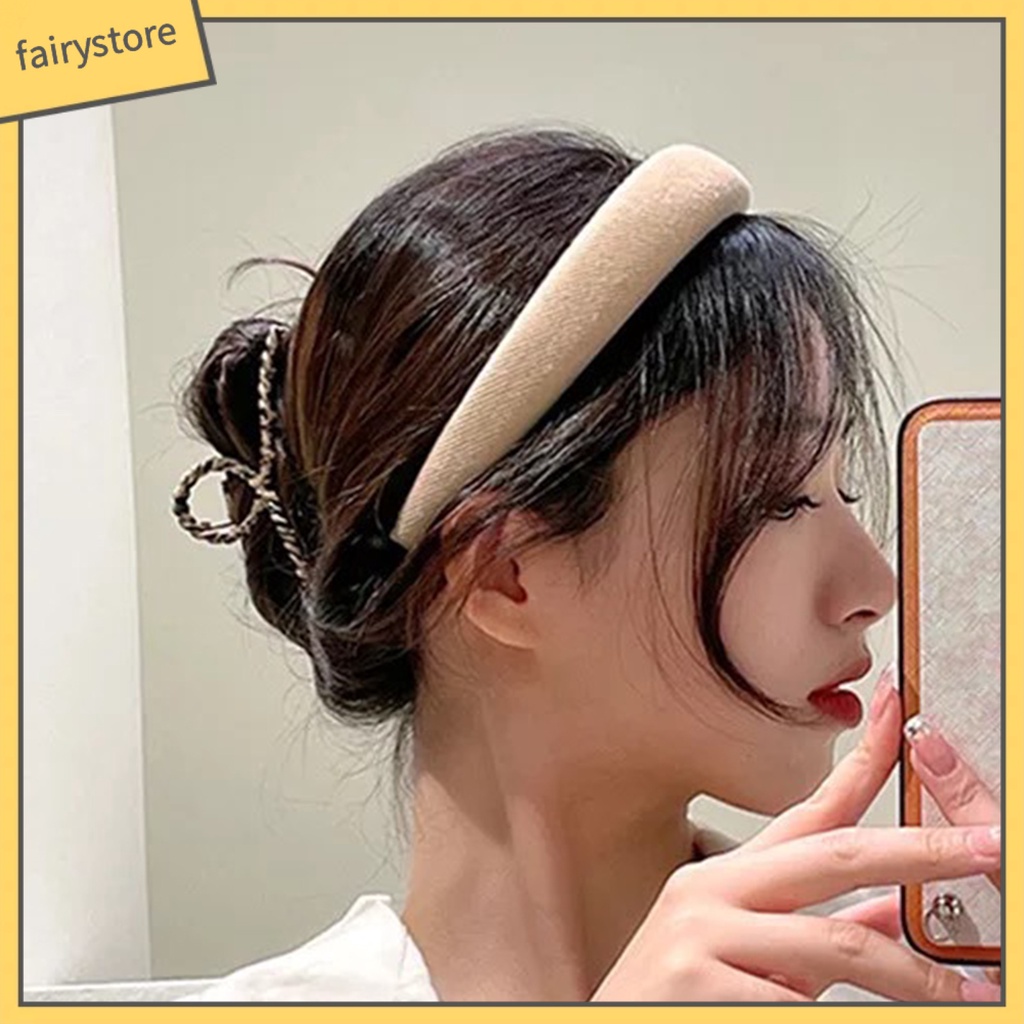 Băng Đô Cài Tóc Bản Rộng Bằng Xốp Co Giãn Tốt Màu Trơn Đơn Giản