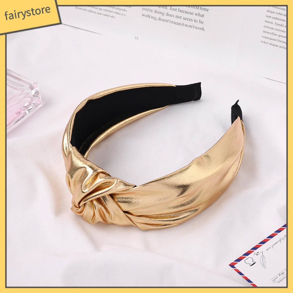 Băng Đô Cài Tóc Bản Rộng Giả Da Thắt Nút Màu Trơn Cho Nữ