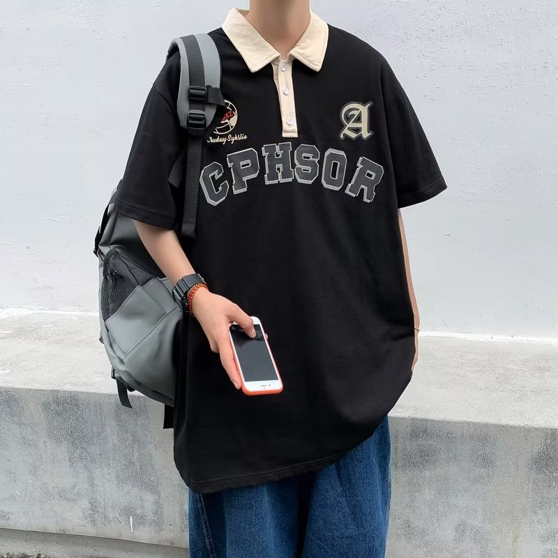 Áo Thun POLO Tay Ngắn Dáng Rộng In Chữ Phong Cách Đường Phố Mỹ Cá Tính Cho Nam