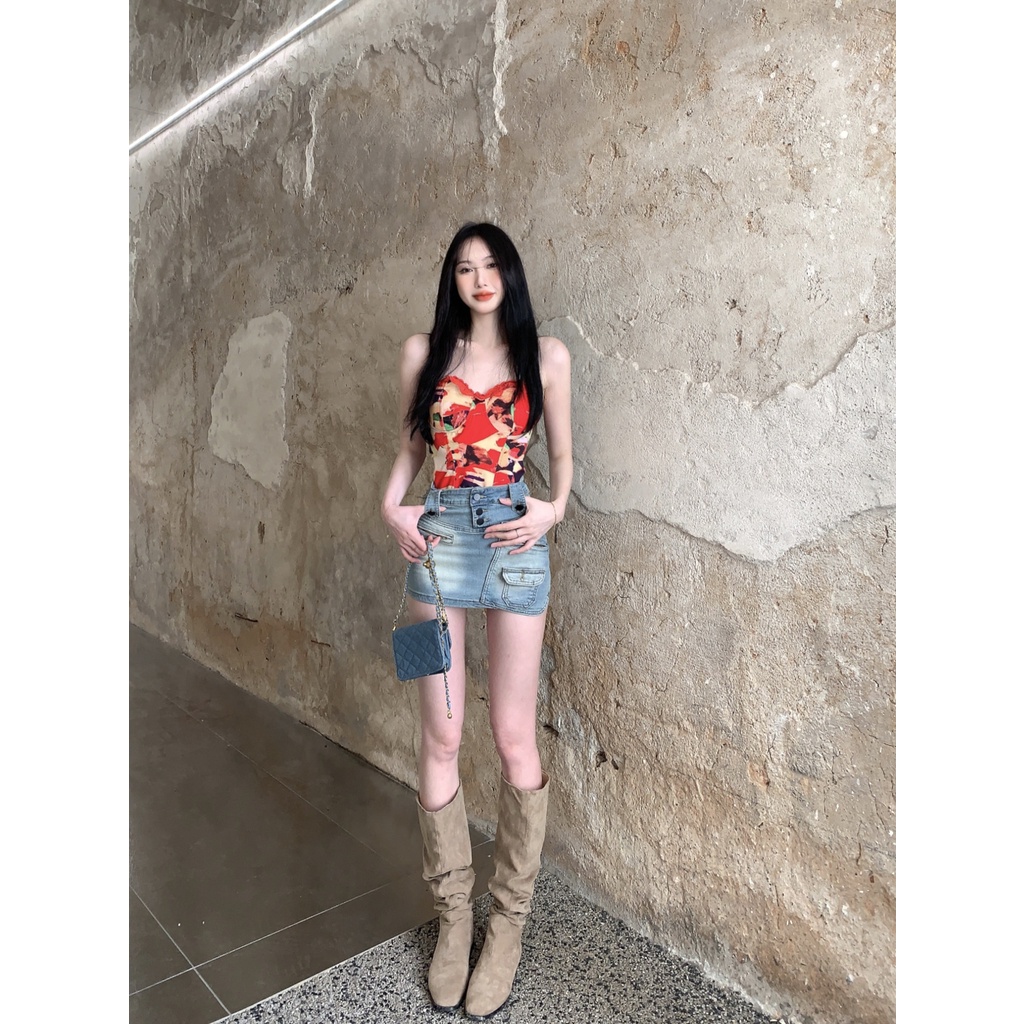 Y2k Chân Váy Jean Denim Lưng Cao Ôm Dáng Phong Cách Retro Mỹ Thời Trang Mùa Hè Hàng Mới Dành Cho Bạn Nữ