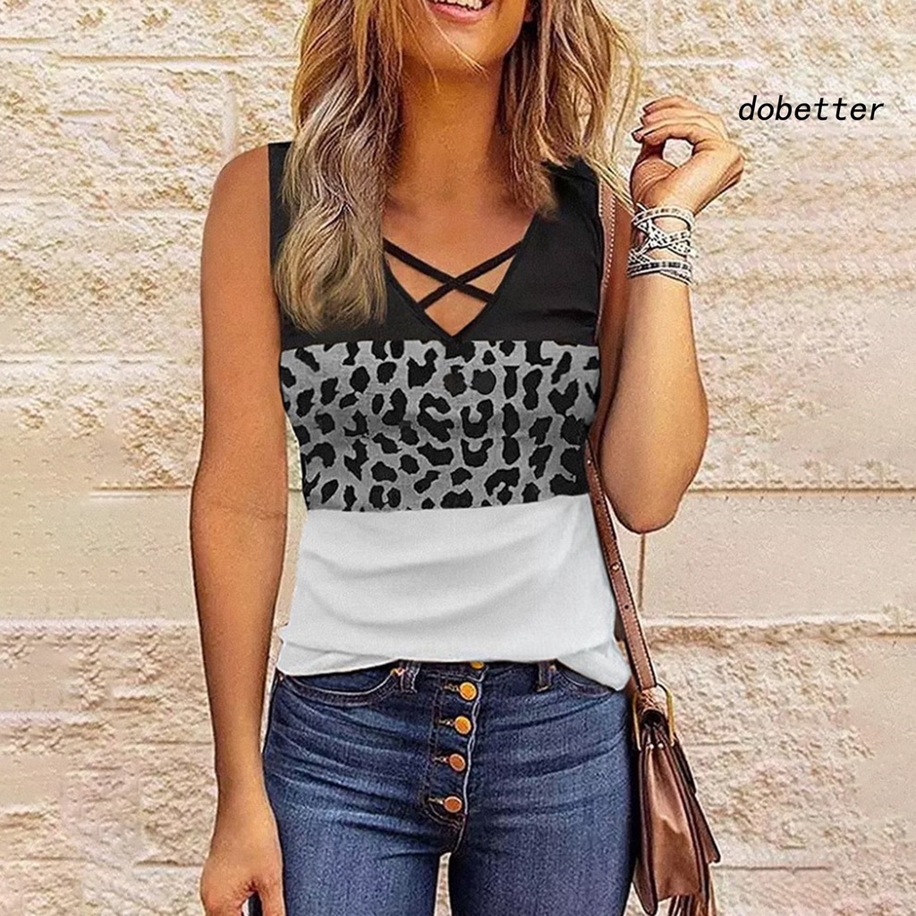 Áo Thun Sát Nách Cổ Chữ V Dây Chéo Ôm Dáng Thoáng Khí In Họa Tiết Da Báo Thời Trang Đường Phố