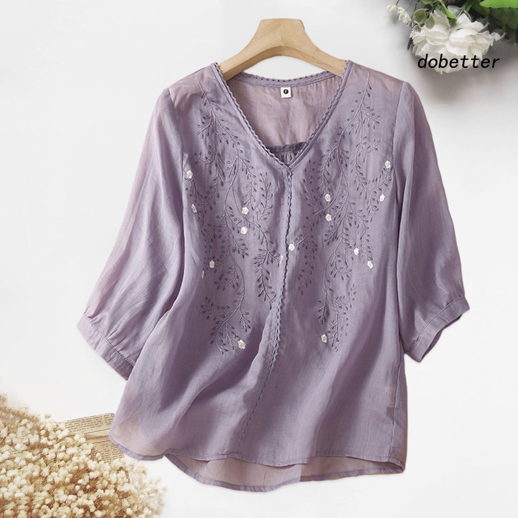 Áo Thun Nữ Tay Lửng Cổ Chữ V Màu Trơn Thêu Hoa Thời Trang