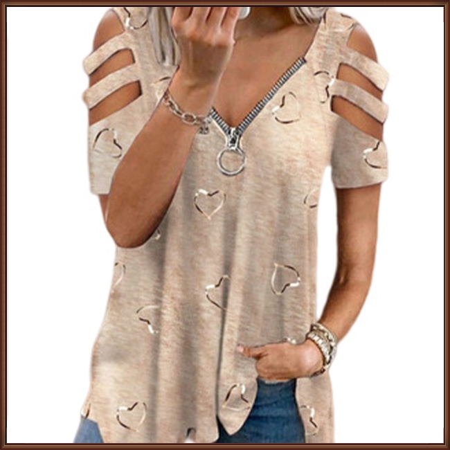 Áo Thun Tay Ngắn Cổ Chữ V Dáng Rộng Có Khóa Kéo In Họa Tiết Tinh Tế Thời Trang Cho Nữ