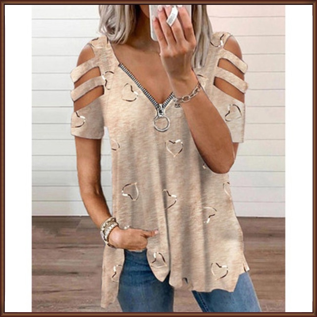 Áo Thun Tay Ngắn Cổ Chữ V Dáng Rộng Có Khóa Kéo In Họa Tiết Tinh Tế Thời Trang Cho Nữ